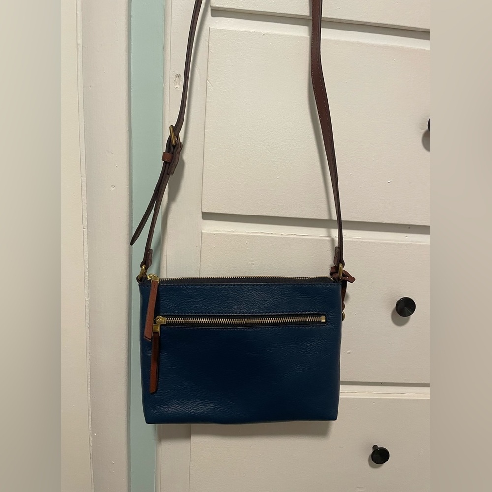 Fossil Blue Crossbody Bag with Brown Strap
